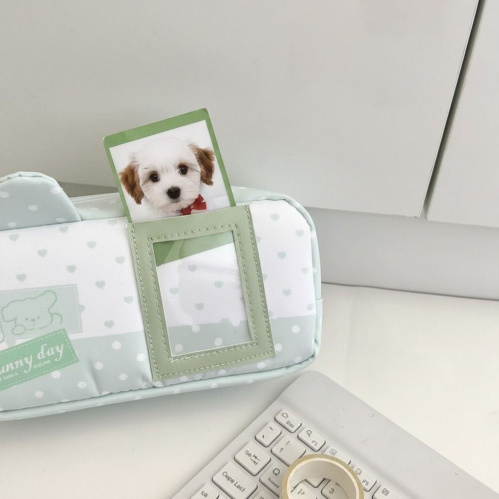 Durable Polka Dot Star Bow Pen Bag with Photo Card Slot Large Capacity Pencil Case Stationery Organizer Gift