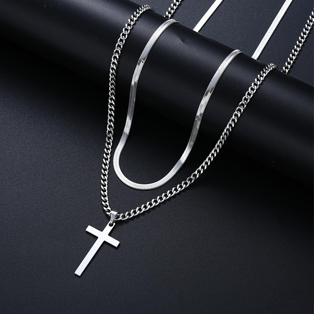4Pcs Punk Stainless Steel Cross Pendant Necklace Bracelet Sets Simple Silver Color Jewelry Set for Men Unisex Hip Hop Jewelry