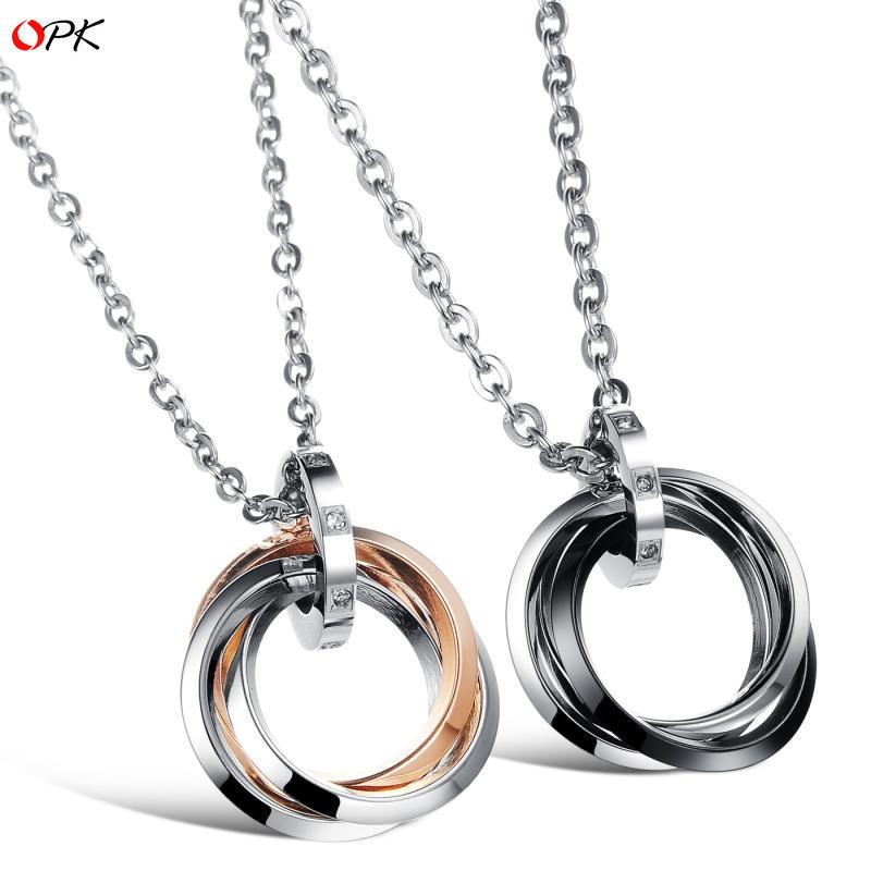 

OPK European & American Classic Stainless Steel Three-Ring Couple Necklace with Chain