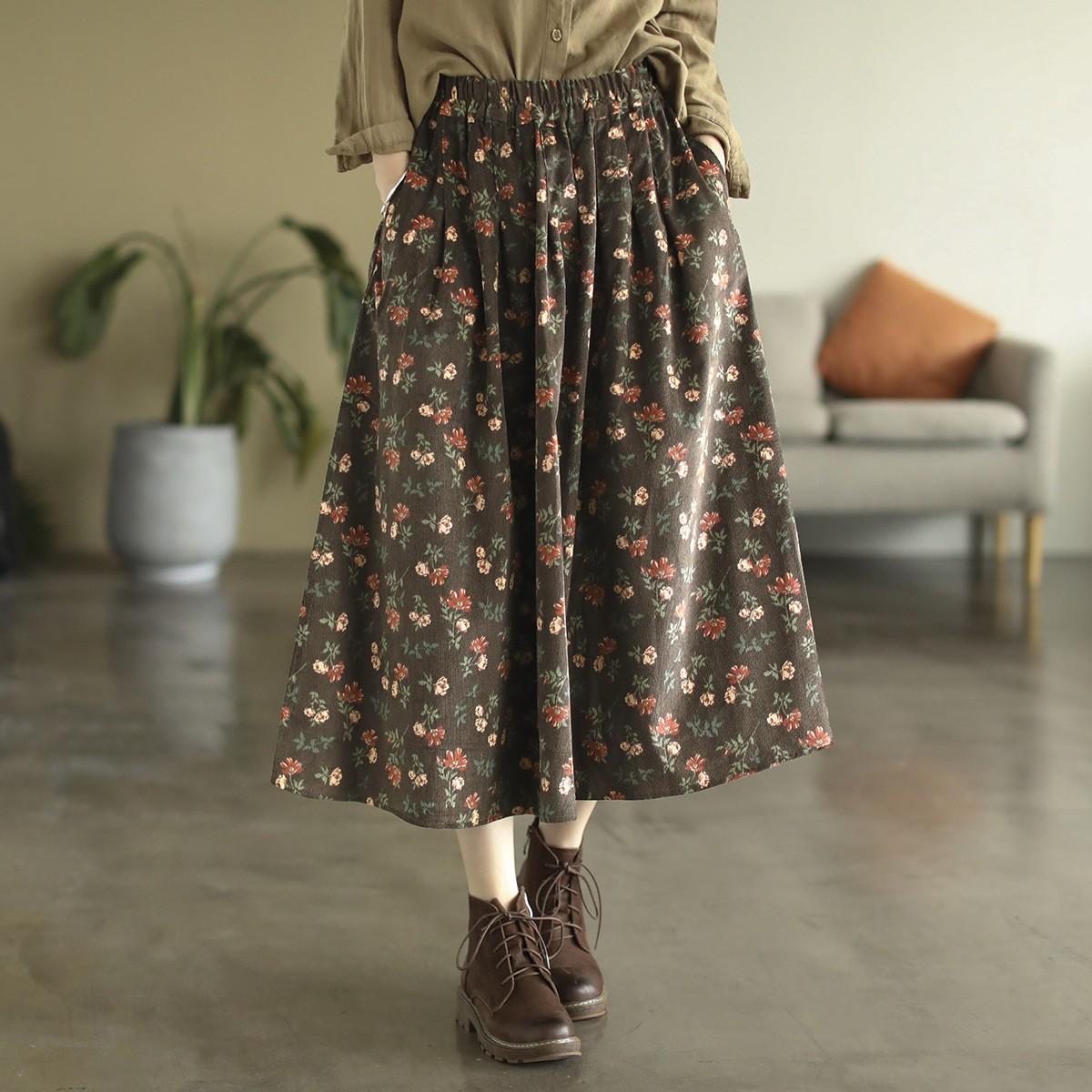 

Johnature Женские винтажные принтованные цветочные вельветовые юбки с эластичной талией Осенние юбки А-силуэта с высокой талией One Size кофейный