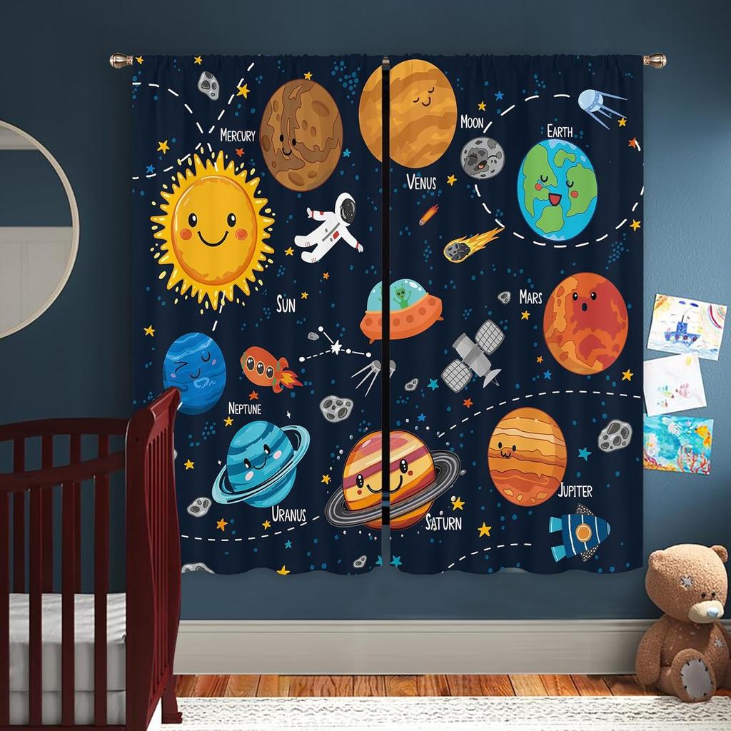 Sonnensystem Universum Fenstergardinen Kinder Jungen Weltall Planet Lernen Studie Wissen Galaxie Polyester Vorhang Hergestellt Aus Mit Stangentasche Waschbar