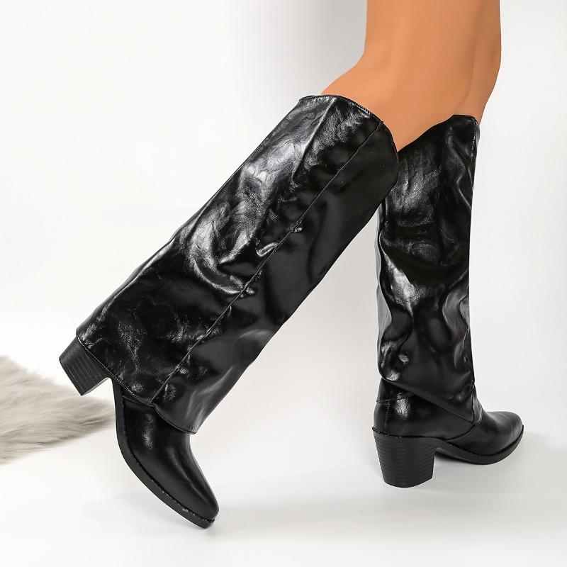 Waterproof Tall Boots Autumn New Pointed Toe Sleeve Pleated Non-Slip Wear-Resistant Block Heel Shoes