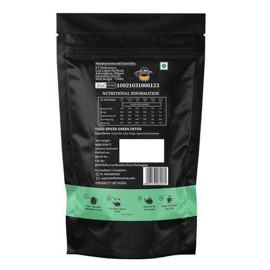 TEA SENSE Detox Verde Picant cu Tulsi | Frunze Vrac | 100 g | Amestec de Ceai Verde, Tulsi și Ierburi Indiene | 50+ Căni