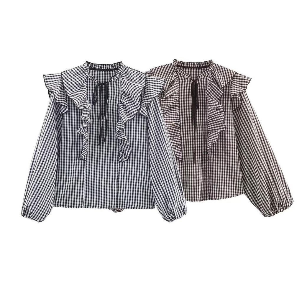 Plaid Women's Winter Casual Fashion Round Neck Long Sleeve Top with Ruffle Layers