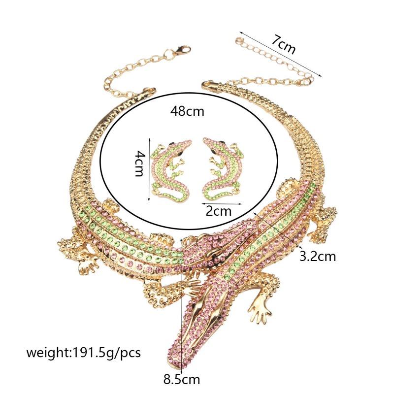 Vintage Übertriebene Krokodil Halskette Ohrringe Set mit Diamant Personalisierter Kragen Damen Accessoires