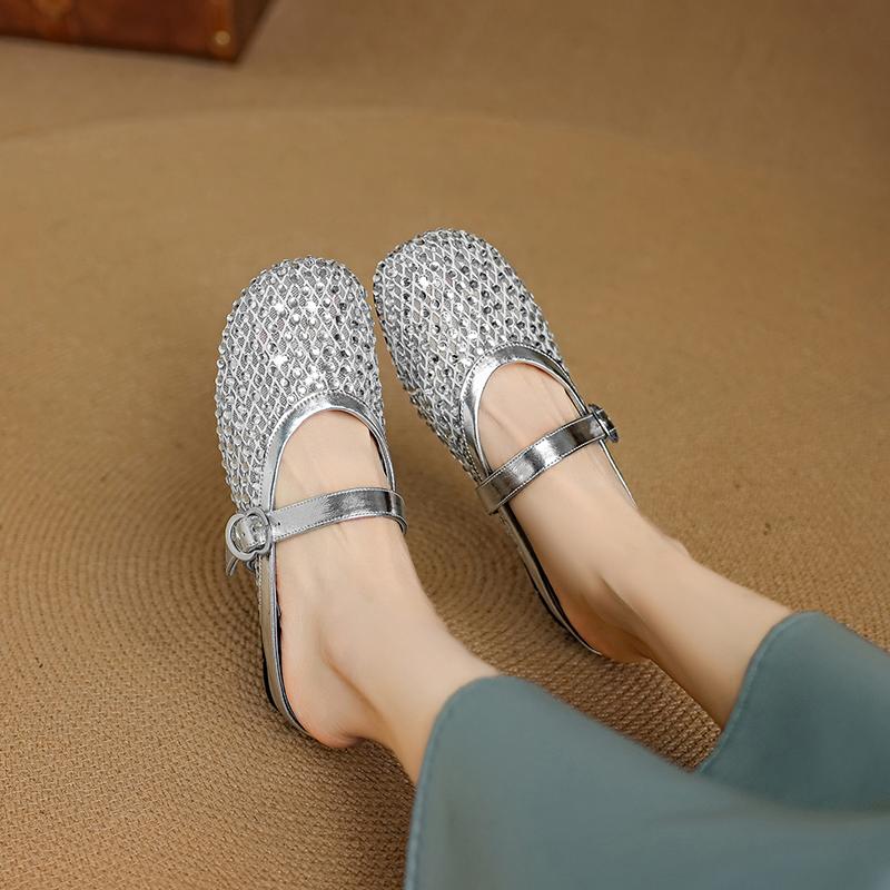 Fashion 2025 New Summer Slippers Sheepskin Shoes for Women Fashion Hollow Out Mules Round Toe Med Heels Cover Toe Slippers Sandals