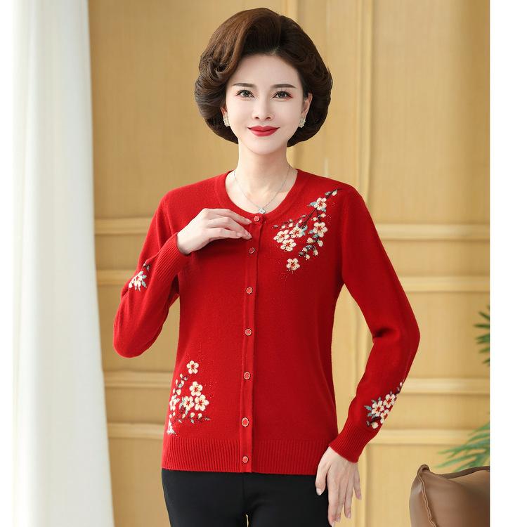 Middle-aged and Elderly Women's Sweater Bottoming Shirt Autumn New Heavy Industry Embroidery Cardigan Foreign Mother Fashion Age Reduction