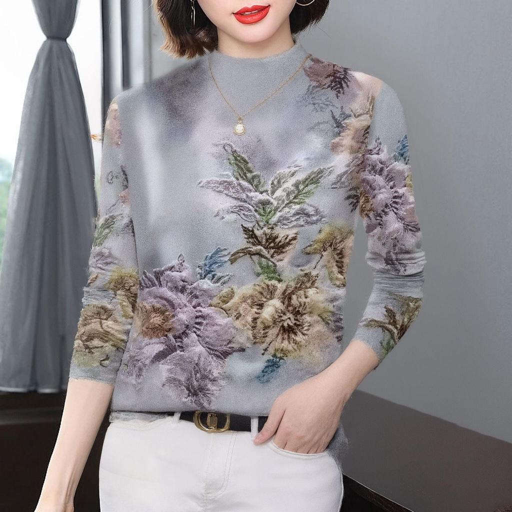Women's Winter Printed Fleece-Lined Long-Sleeve T-Shirt, Age-Reducing, Tummy Concealing, Semi-High Neck - Ideal for Middle-Aged and Elderly Moms.