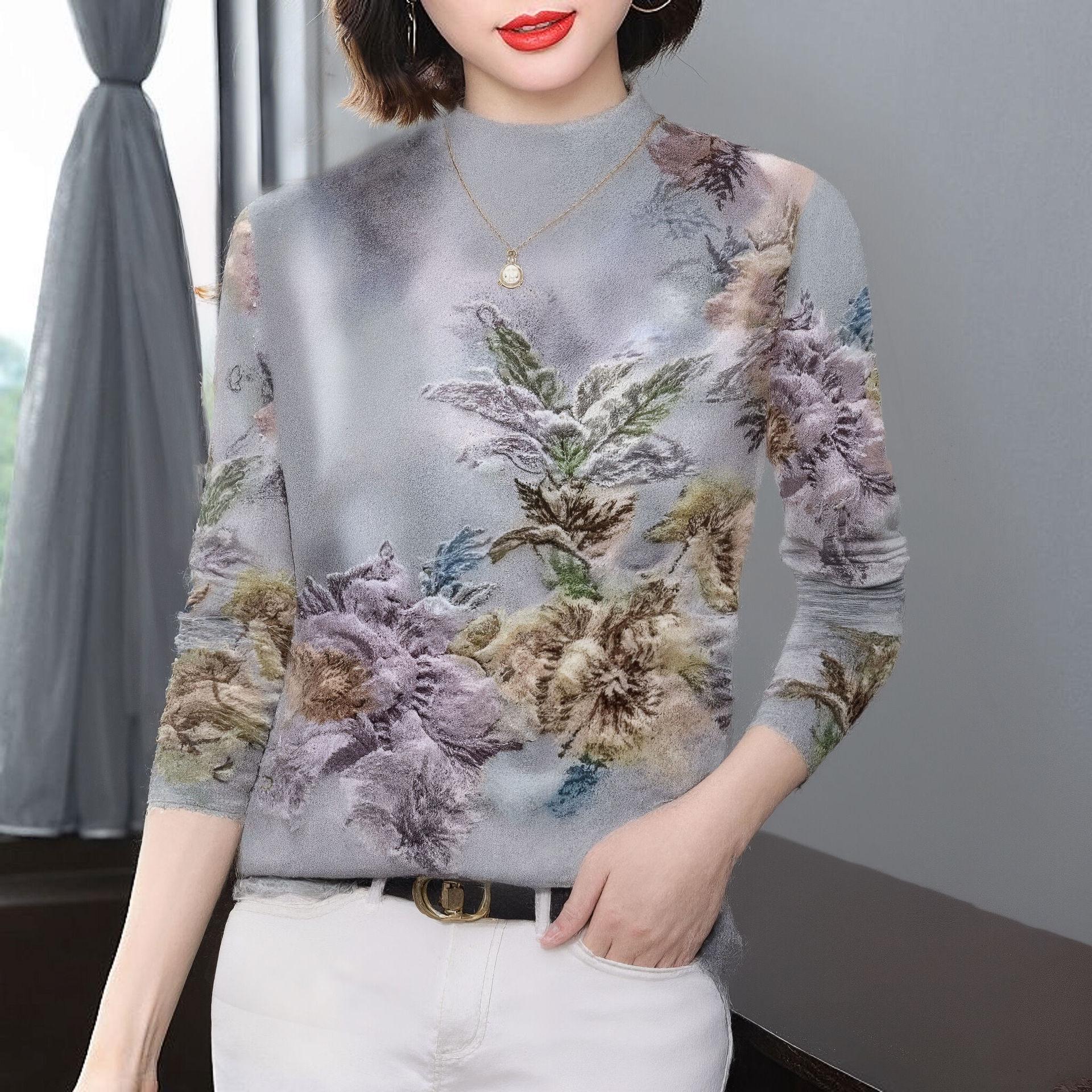 

Women s Winter Printed Fleece-Lined Long-Sleeve T-Shirt, Age-Reducing, Tummy Concealing, Semi-High Neck - Ideal for Middle-Aged and Elderly Moms. 3XL