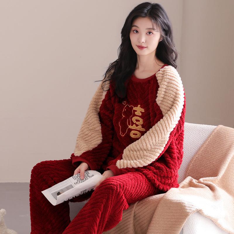 Wedding Couple Pajamas Autumn and Winter Coral Fleece Thickened and Fleece Red Festive Newlywed Men's and Women's Loungewear Set