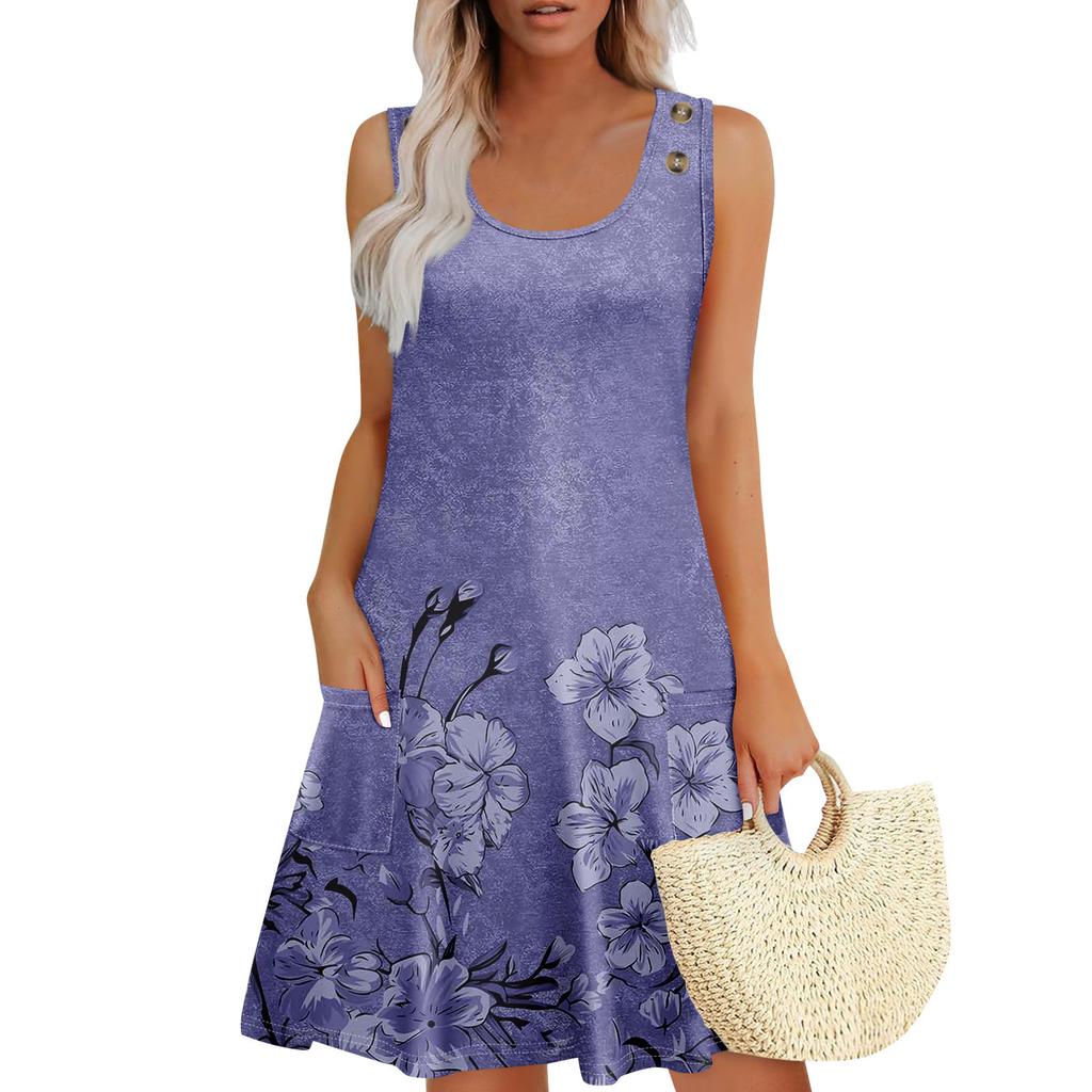 Summer Dresses For Women Beach Boho Sleeveless Printing Flowy Pocket Tshirt Tank Sundresses