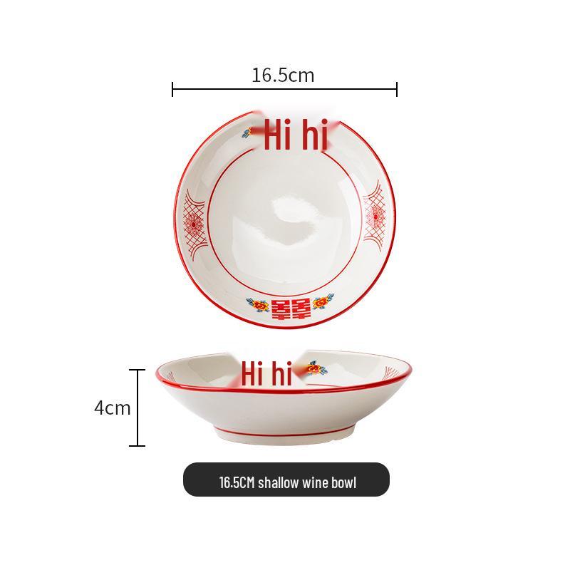 Set di Piatto Rotondo Rosso Ceramica Retrò Doppia Felicità - Piatto Basso, Piatto Piatto, Piatto per Hot Pot, Piatto per Carne, Piatto per Salsa e Piatto per Pesce per Tavola da Ristorante.