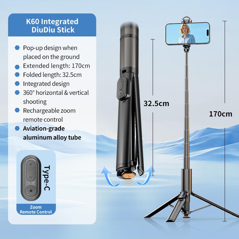1.7M Portable Selfie Stick Tripod with Auto-Open Mechanism Bluetooth Remote Control Extendable Phone Holder for iPhone Android 7