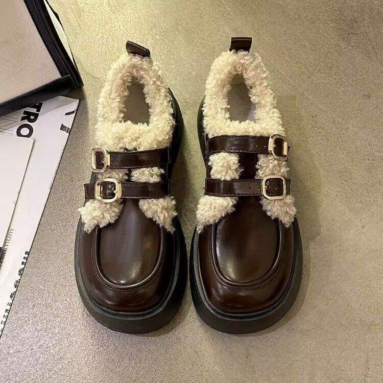 Size 31-46 British Style Retro Platform Small Leather Shoes, New Velvet Warm Cute Bow Mary Jane Shoes