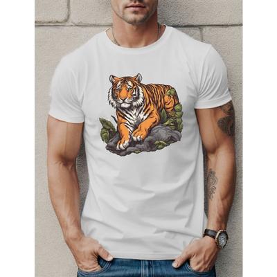 Men's Vintage Tiger Print T-Shirt, Tees For Men, Casual Short Sleeve T-shirt For Summer