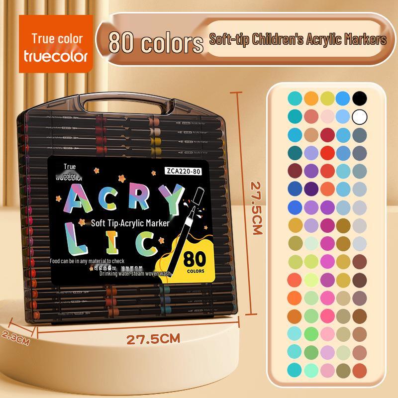 Pack de 80 Rotuladores Acrílicos de Punta Suave Color Verdadero - Caja Negra, No Manchan y Apilables para Arte Estudiantil