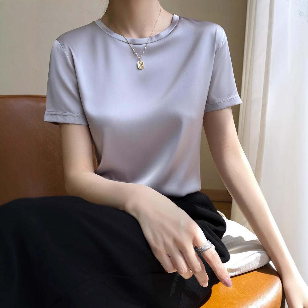 

Women s High-End Round Neck Silk Satin T-Shirt M (95-105 jin) серебряный серый