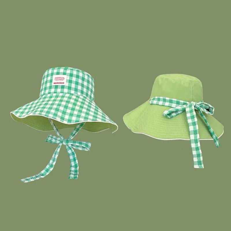 Double-sided Plaid Wide-edged Lace-up Bucket Hat Summer Outdoor Versatile Sunscreen Sweet Contrasting Color Plaid Women's Caps