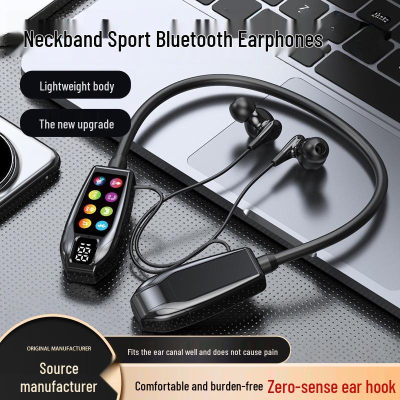 Trendy Neck-Hanging Bluetooth Headphones with High-Quality Sound, Digital Display, Karaoke Feature, and Long Battery Life.