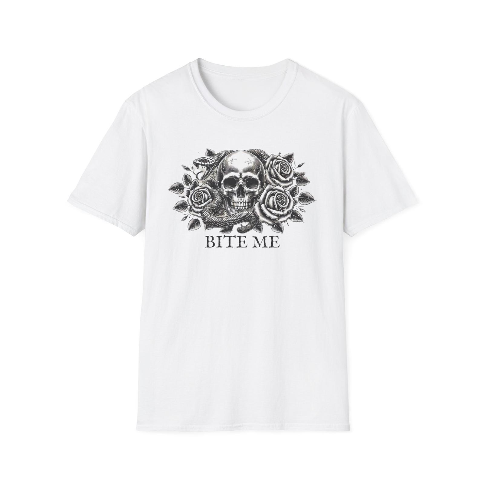 Distressed Bite Me Skull Roses & Snake Unisex Softstyle T-Shirt S
