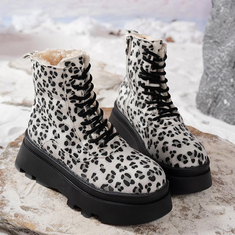 Lucyever Punk Leopard Print Combat Boots Women Fashion Chunky Thick Plush Ankle Boots Woman  Lace Up Platform Booties Mujer