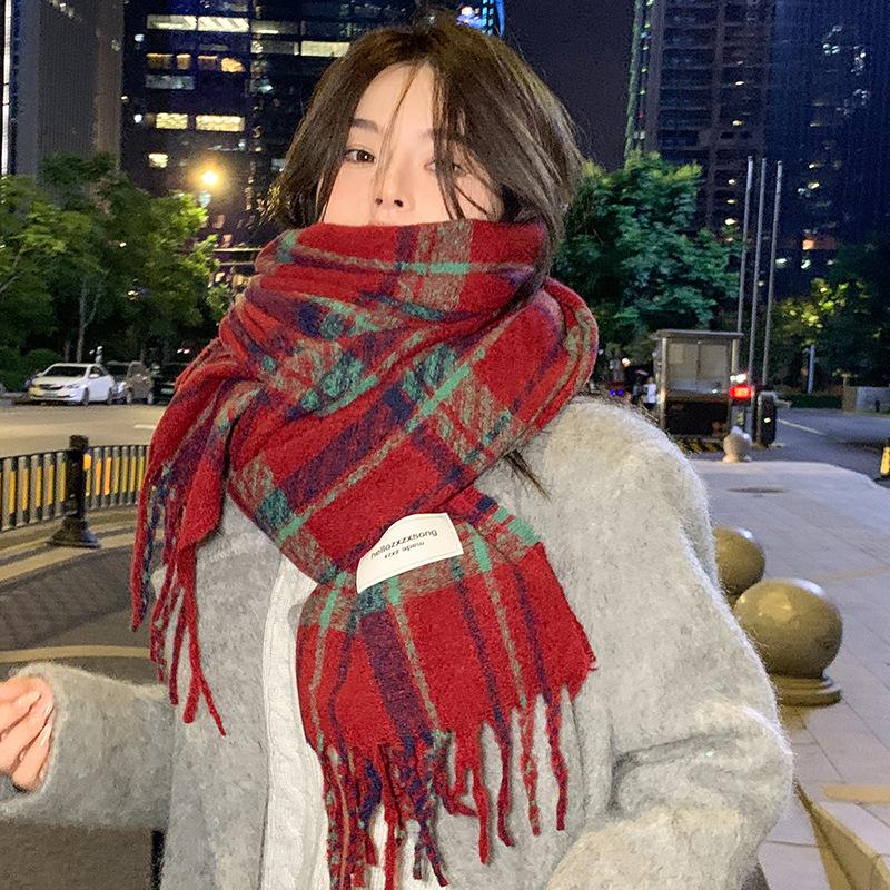 New Korean Version Plaid Scarf Women's Winter Thickened Imitation Cashmere Shawl with Warm Scarf Versatile Student