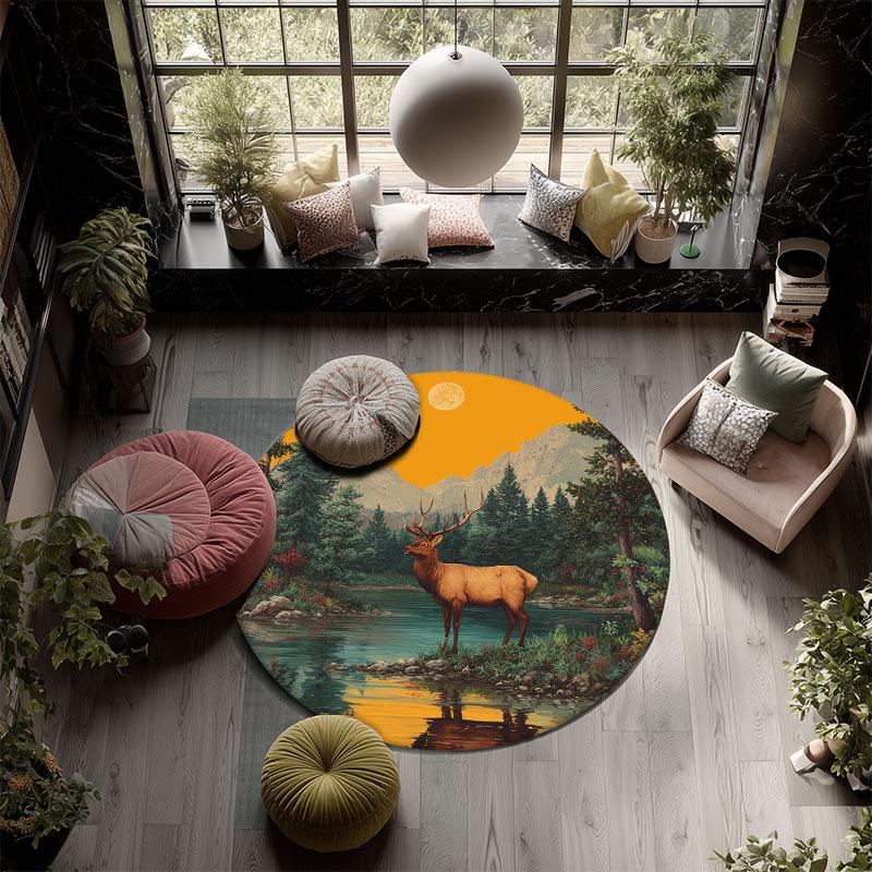 Deer Pattern Round rug,Carpet Rug for Living Room Bedroom Playroom ,Non-slip Floor Mat,Holiday Gifts and Birthday Gifts.