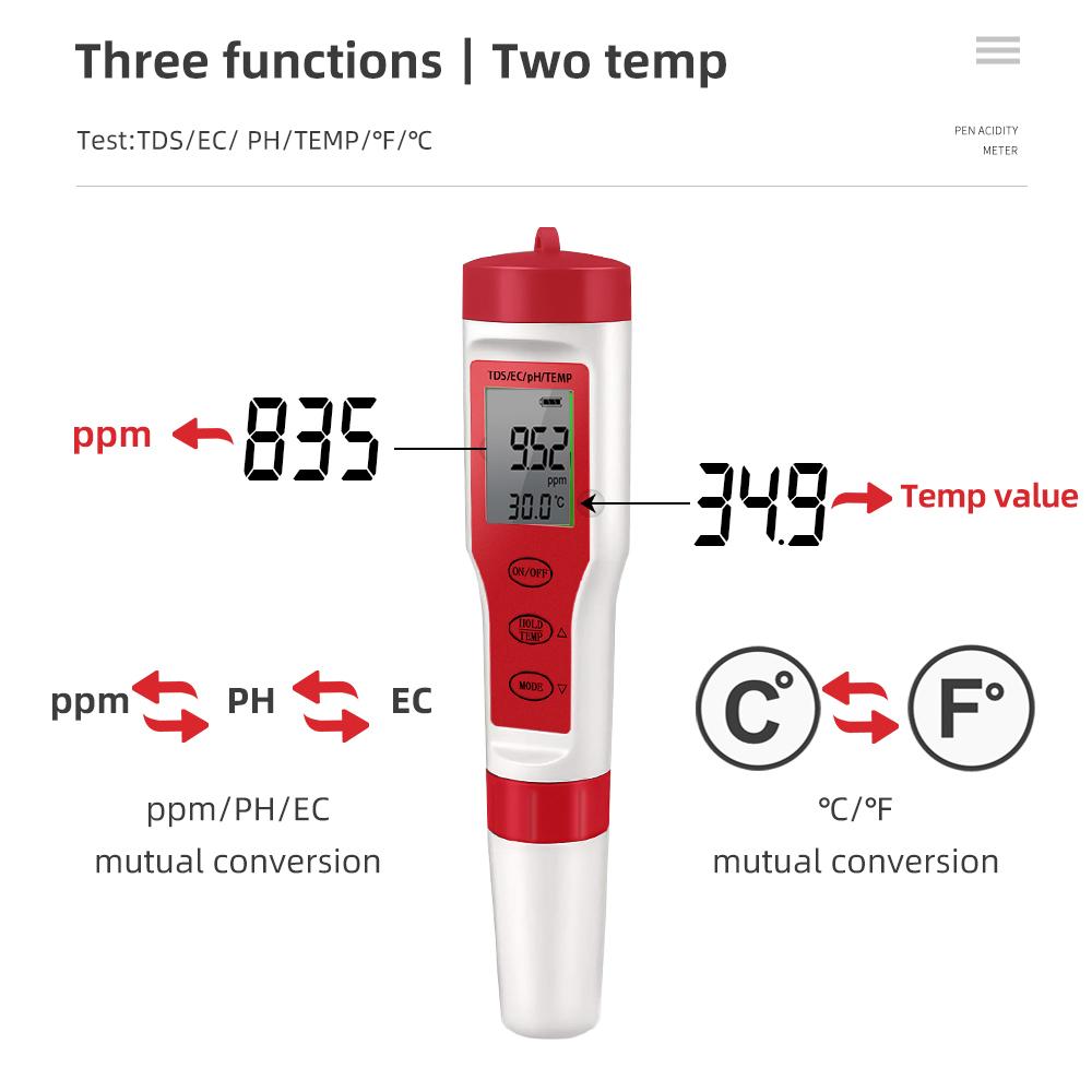 4 in 1 PH Meter PH/TDS/EC/Temperature Meter Digital Water Quality Monitor Tester for Pools Drinking Water Aquariums