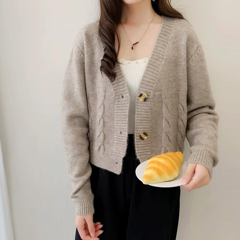 Короткий тонкий свитер с высокой талией однотонного цвета для женщин на весну и осень, корейская версия, облегающий вязаный кардиган, куртка с косичками One Size грязно-белый