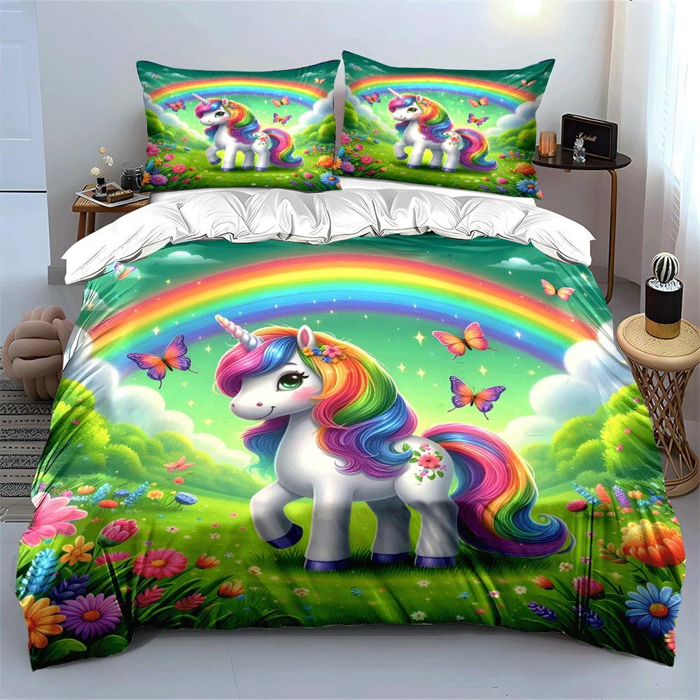 Cute Cartoon Unicorn Rainbow Print Bedding Set For Adults And Children, Available In Multiple Sizes, Three-Piece Gift Set