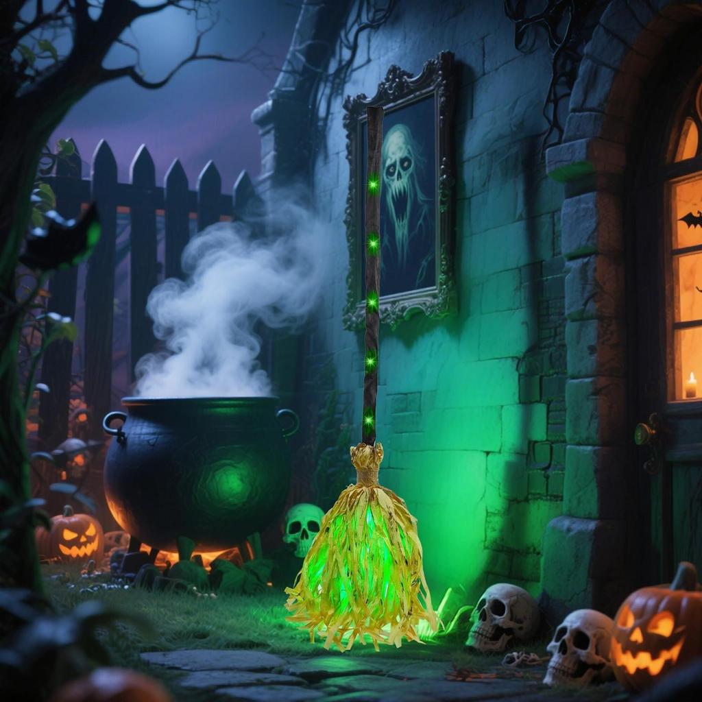 Witch Broom Prop Green Led Witch Broom Decor Spooky Prop With Bright Green Glow For Home Yard Door Room Outside Party Wall House