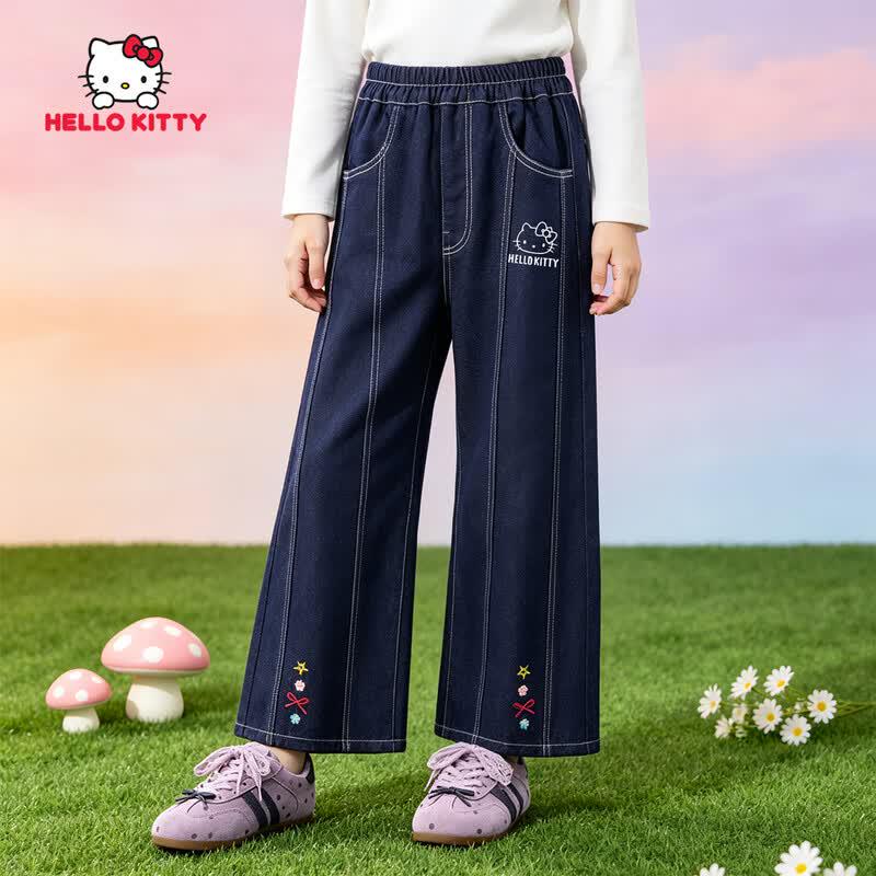 Hello Kitty Girls' Embroidered Wide-Leg Denim Jeans