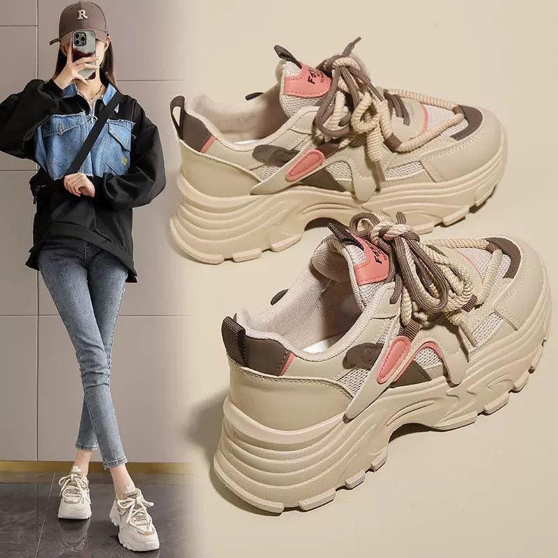 Fashion Double Mesh Breathable Non-slip Dad Shoes Women's 2025 Spring New Middle Heel Soft Sole Wide Foot Casual Thick Sole Sports Shoes