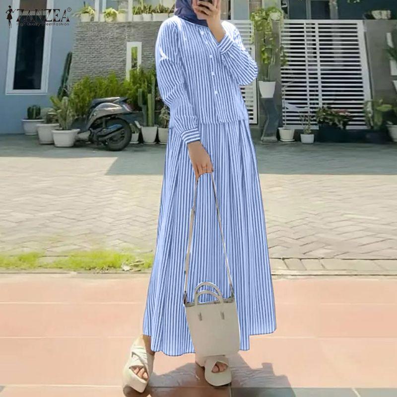 ZANZEA Women Casual Long Sleeve Blouse and Long Skirts Stripe Print Two Piece Suit Sets