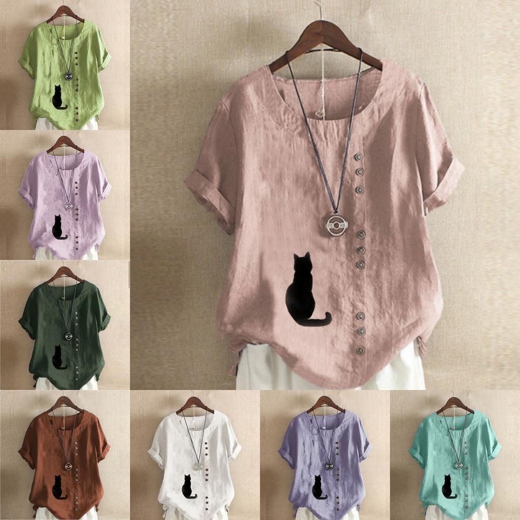 Dámská móda Tričko s kulatým výstřihem Krátký rukáv Neformální Bavlna Lněná Grafická Košile Volný Volný Letní halenka Černá kočka s potiskem