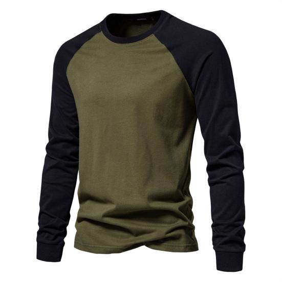 Autumn Winter Men Bottoming Top Slim Fit Raglan Sleeve Patchwork O Neck Pullover Stretchy Long Sleeves Mid Length Fitness Exercise Daily Wear Shirt
