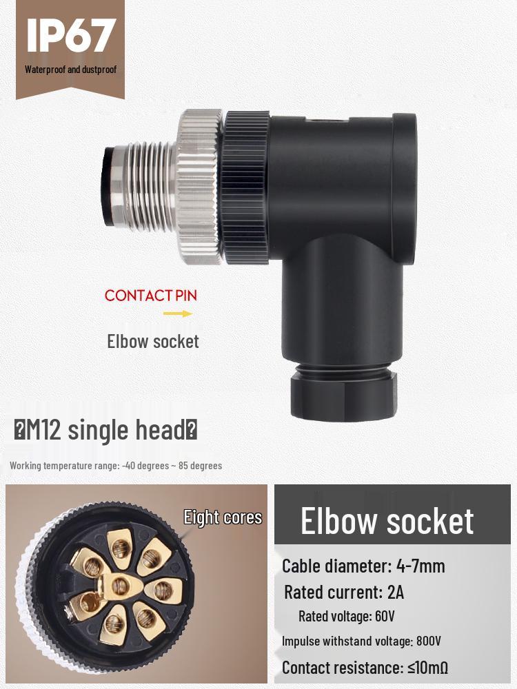 M12 Waterproof Sensor Connector: Male & Female Aviation Plug, 34-Pin, 5-Hole, 8P, Straight & Elbow, Three-Core Socket.