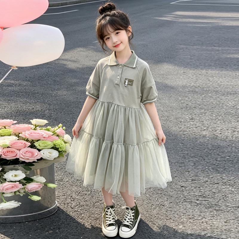 2026 Girls Casual POLO Collar Summer Mesh Princess Dress 160 cm