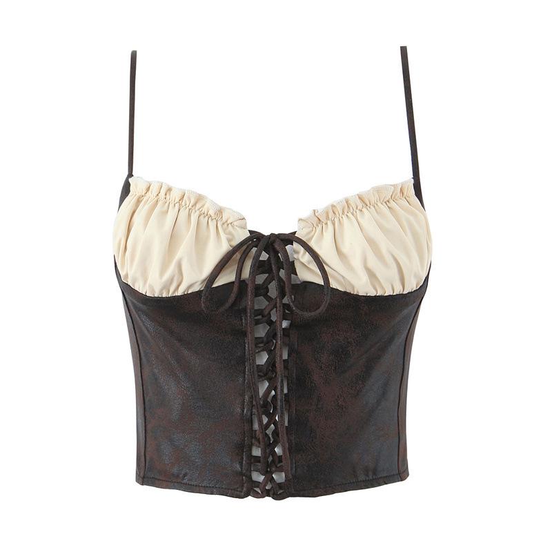 Retro Brown Patchwork Camisole: Summer Lace-Up, Cinched Waist, Sleeveless Top Large