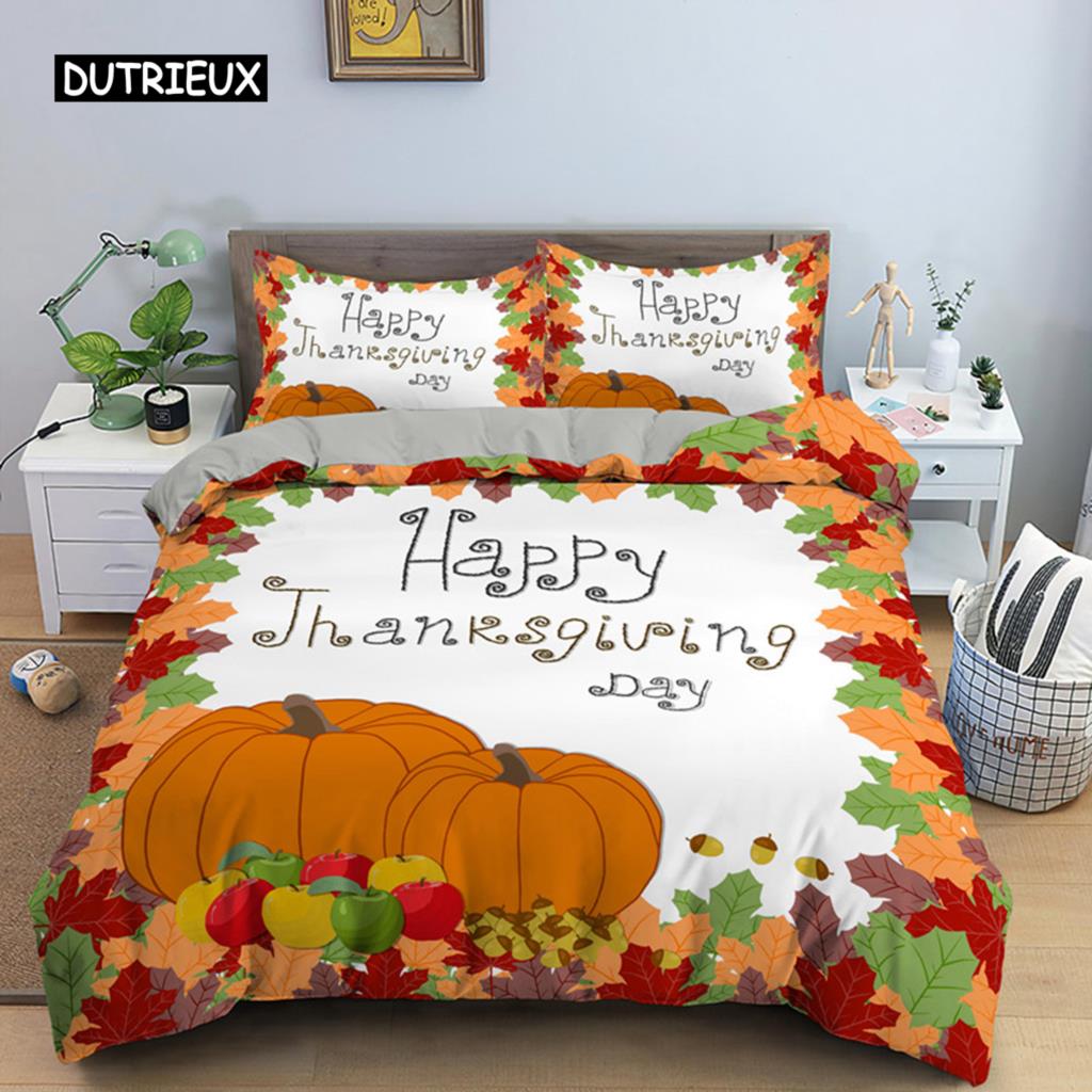 Autumn Thanksgiving Day Duvet Cover King Queen Cartoon Orange Pumpkin Turkey Bedding Set Maple Leaves Soft Polyester Quilt Cover
