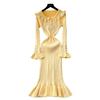 French Retro Doll Collar Flared Sleeve Slim Dress Women's Autumn Waist and Thin Temperament Ruffle Edge Knitted Dress