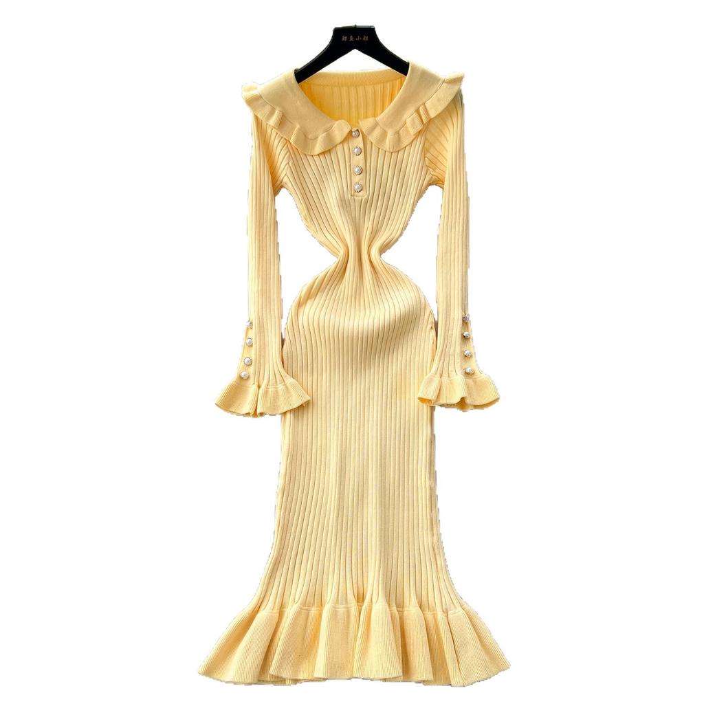 French Retro Doll Collar Flared Sleeve Slim Dress Women's Autumn Waist and Thin Temperament Ruffle Edge Knitted Dress