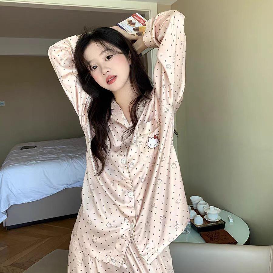 Women's Spring/Autumn Ice Silk Pajama Set - Long Sleeve, Long Pants, Cardigan, Sweet Homewear Style, Two-Piece.
