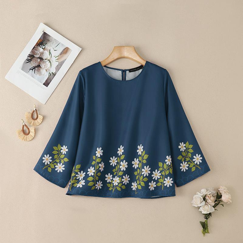 

ZANZEA Жіноча повсякденна блузка з круглим вирізом, рукавом 3/4, вільного крою з принтом 3XL темно-синього кольору