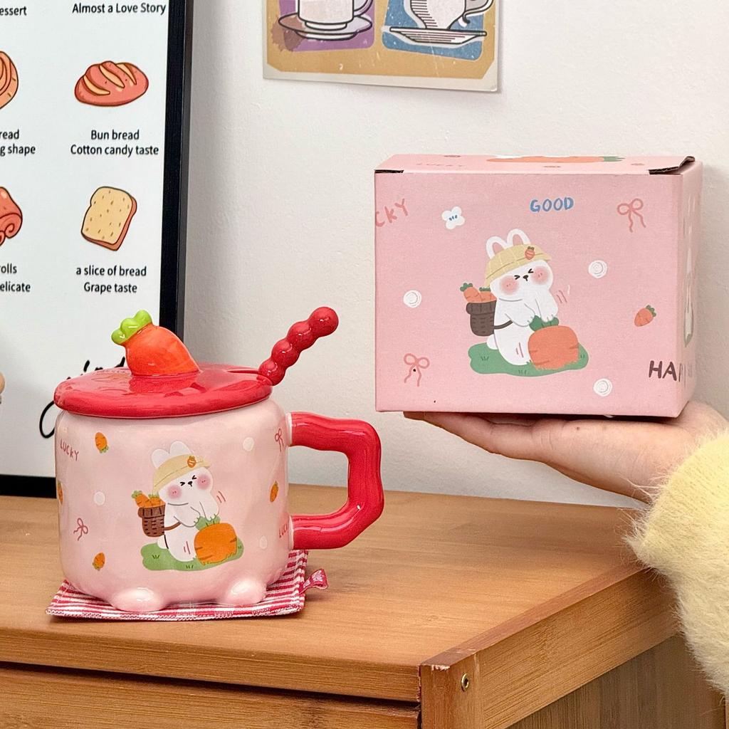 Girl's heart high appearance birthday gift cute rabbit water cup for boyfriend and girlfriend sister couple ceramic with lid spoon