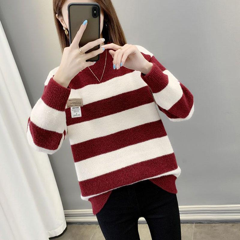 Striped Colour Blocking Chenille Sweaters Women's Autumn Winter Korean Style Loose Thickened Knitted Pullovers Large Size Casual Jumpers