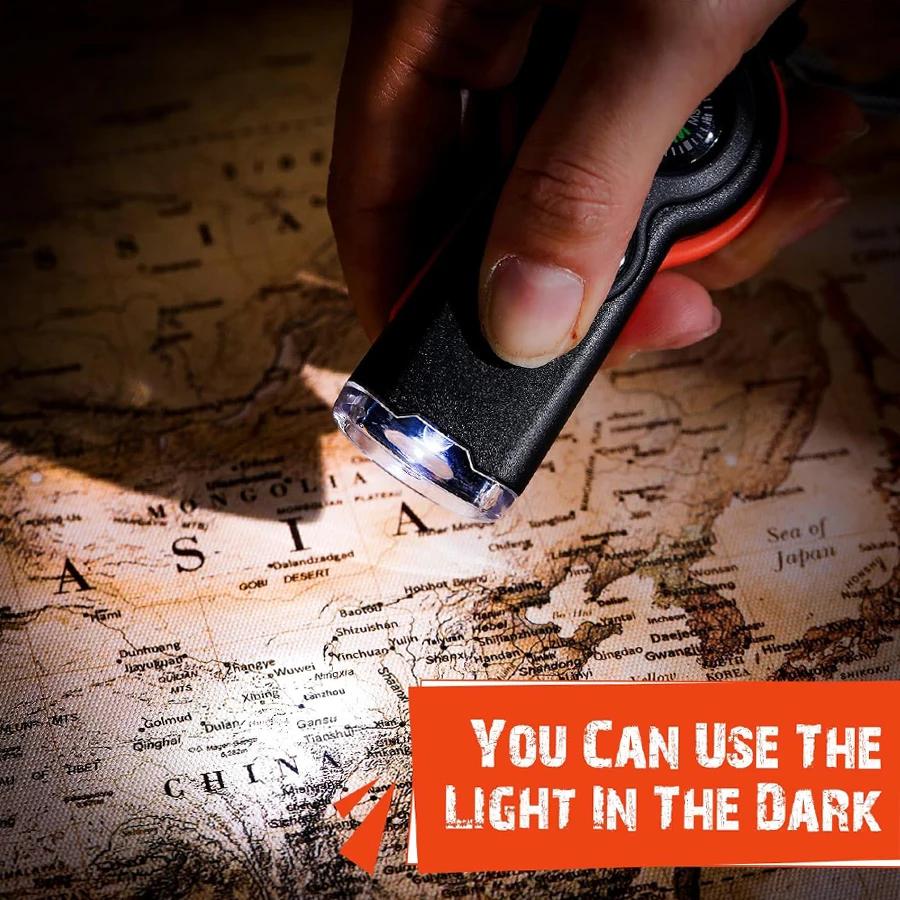 Gwizdek survivalowy 7 w 1 z kompasem, termometrem, światłem LED - Wielofunkcyjny, wytrzymały ABS, zewnętrzny gwizdek alarmowy