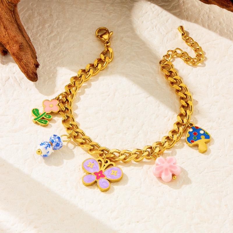 Gold Plated Stainless Steel Colorful Enamel Butterfly Flower Charm Necklace