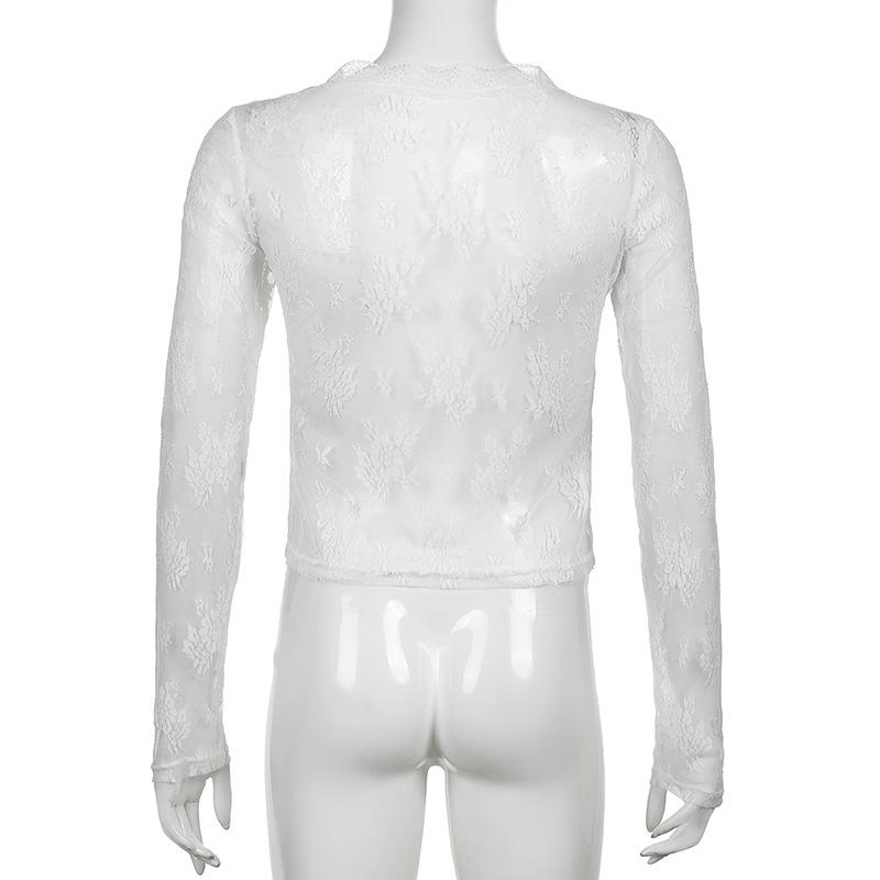 Bluză din dantelă din plasă pentru femei de vară cu mânecă lungă în perspectivă subțire Top guler în V Cardigane din dantelă Cămașă Crop tops