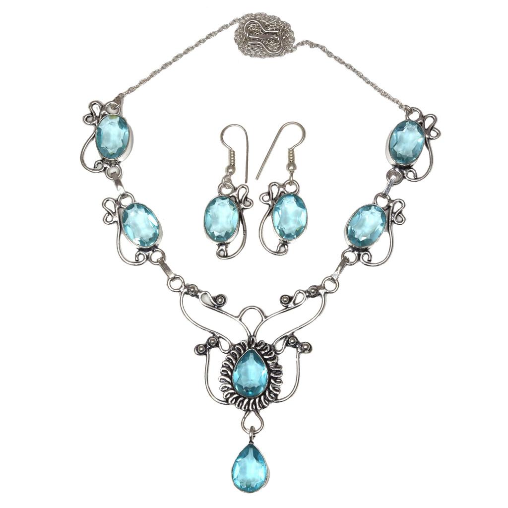 Swiss Blue Quartz Gemstone Handmade Jewelry Necklace & Earrings 18-20''